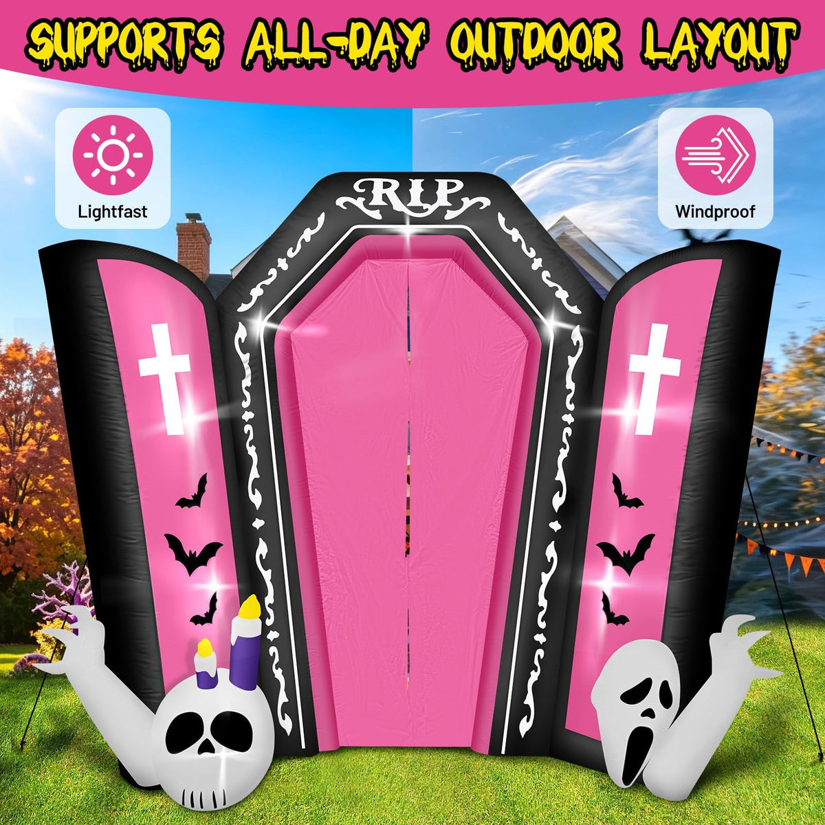 KALOLARY 12.5FT Spooky Gravestone Pink Tombstone Blow Up Scary Halloween Yard Inflatable - setup and accessories