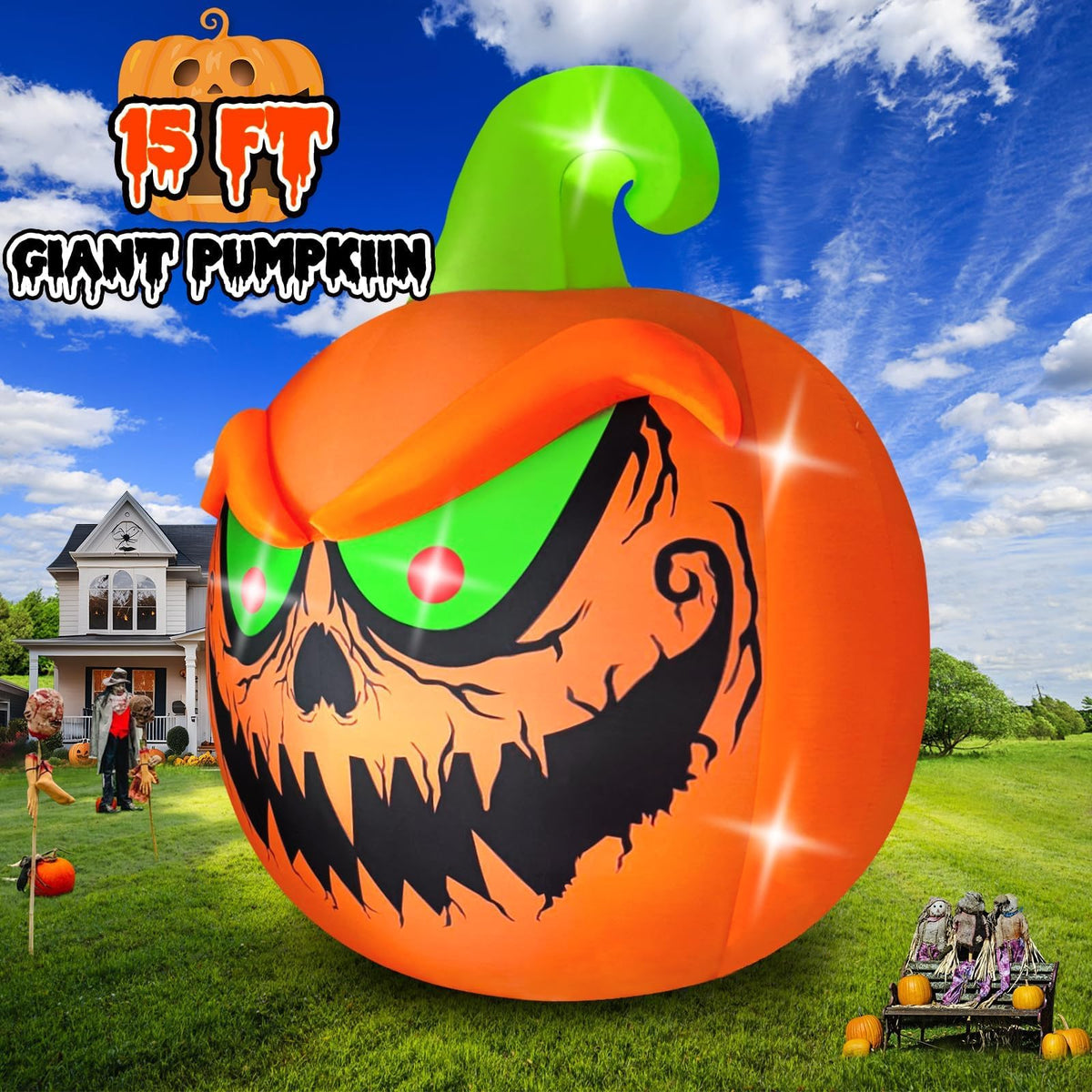 KALOLARY 15FT Pumpkin Halloween Yard Inflatable - setup and accessories