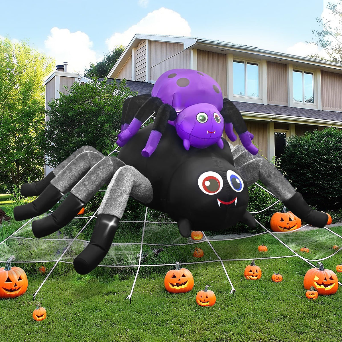 KALOLARY 10FT Length Double Spider With Furry Legs Halloween Yard Inflatable - outdoor scene