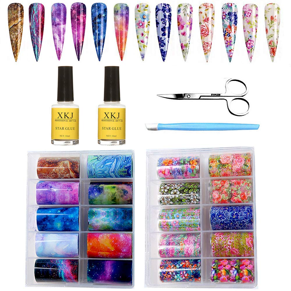 Kalolary 20 Color Starry Sky Stars Nail Art Foil with Nail Glue