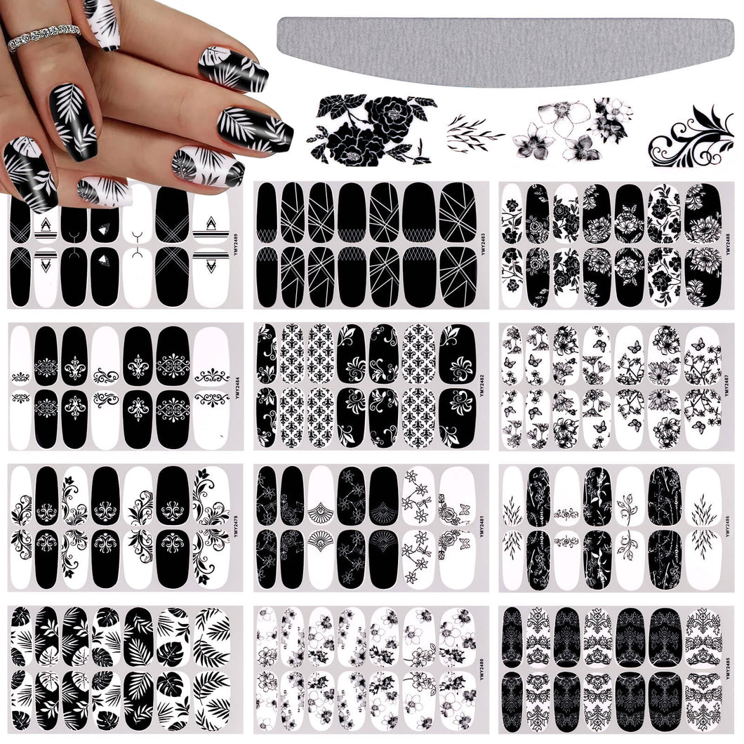 Kalolary 12 Sheets Black White Nail Polish Strips Wraps