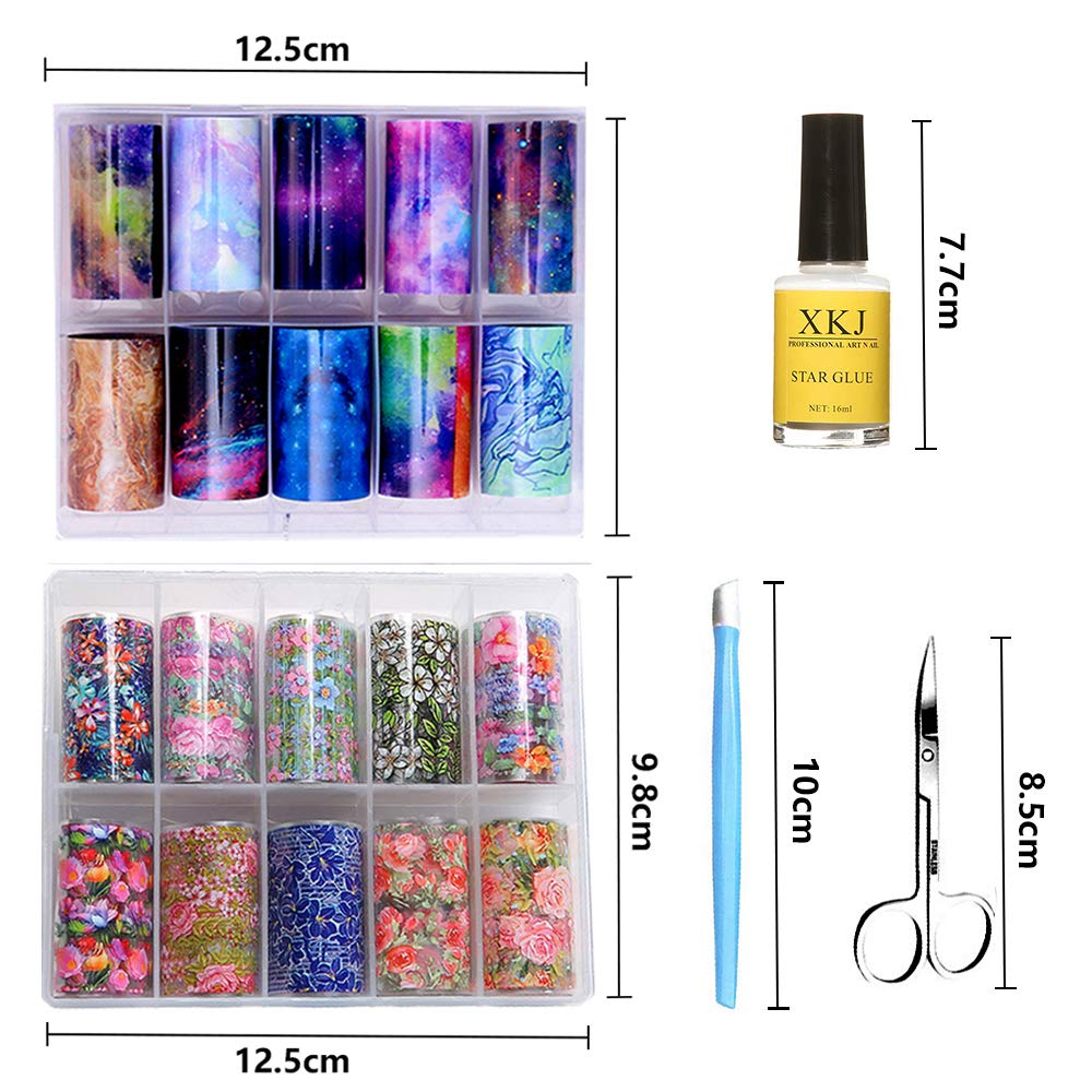 Kalolary 20 Color Starry Sky Stars Nail Art Foil with Nail Glue