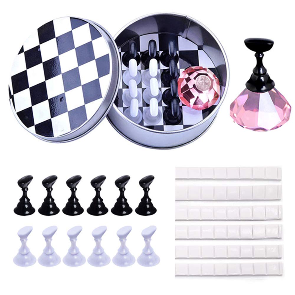 Kalolary 1 Set Nail Art Holder Practice Display Stand with 48Pcs White Reusable Adhesive Putty Clay