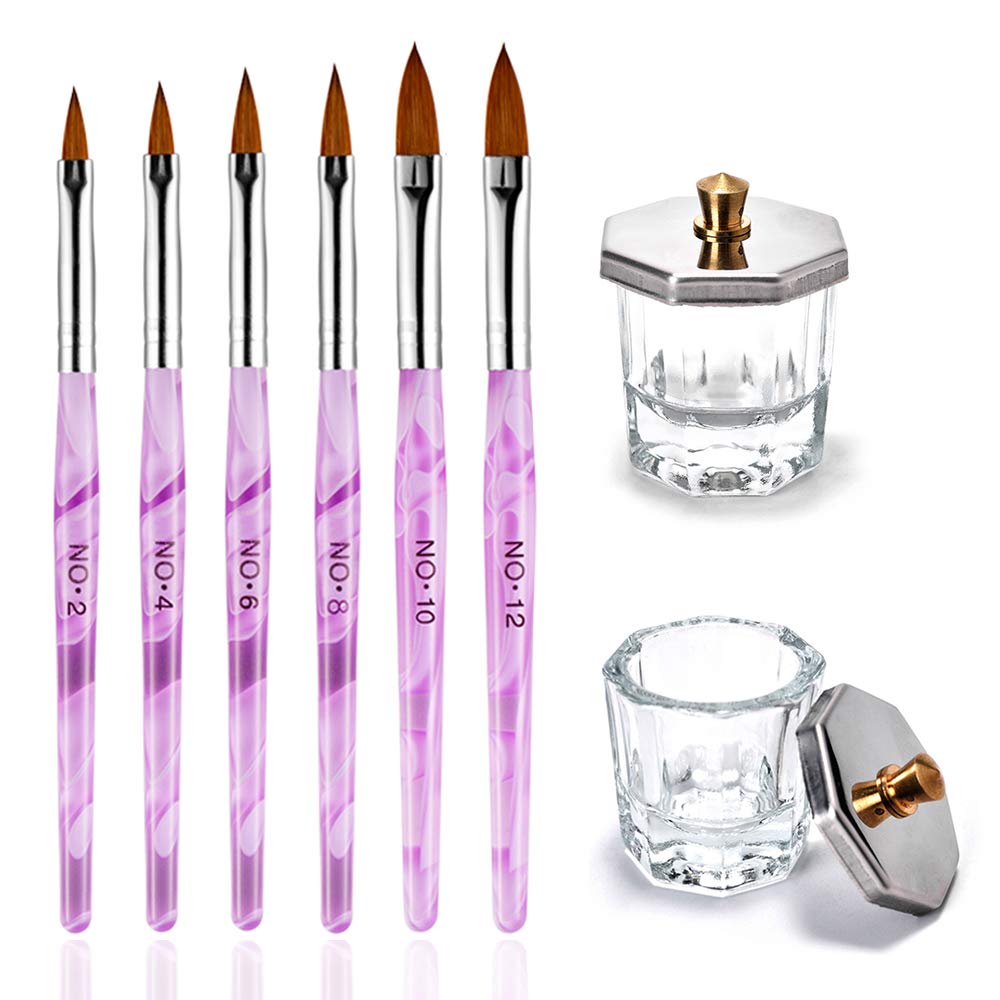 Kalolary 6Pcs Purple Acrylic Nail Brush with 2Pcs Nail Art Dappen Dish Set