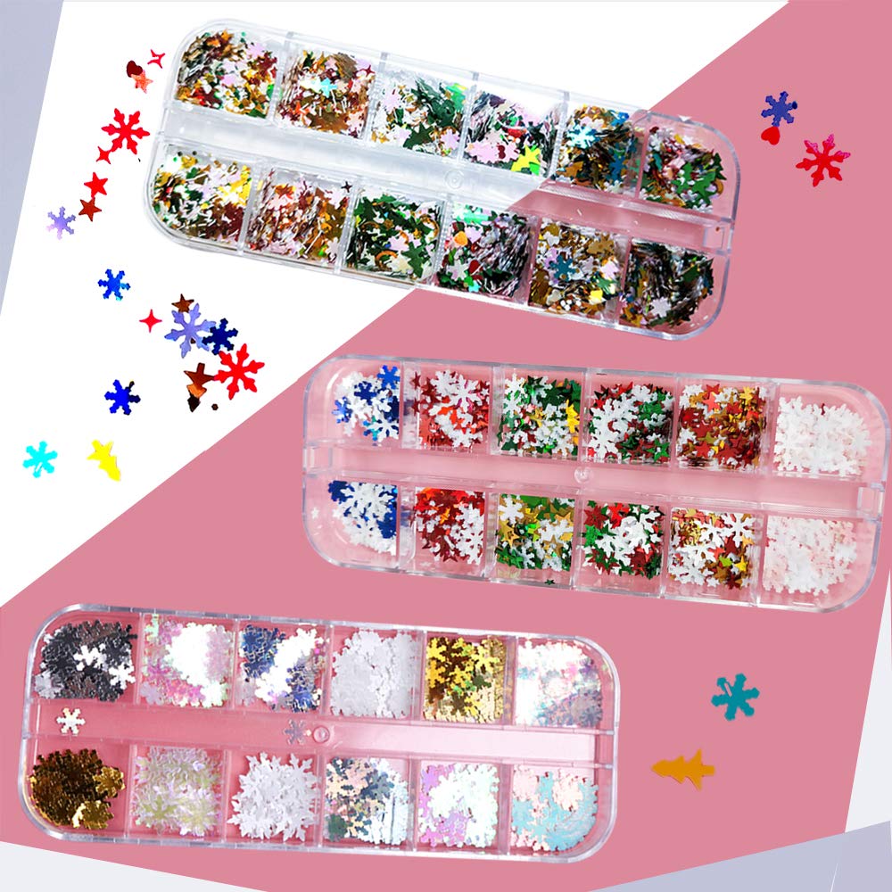 Kalolary 3 Boxes Snowflake Star Nail Glitter Sequins