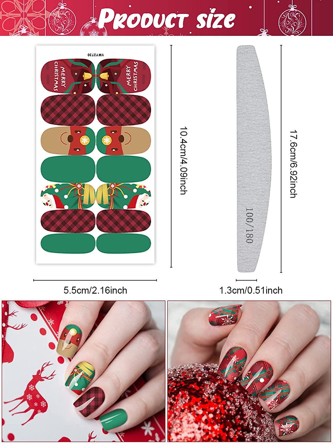 Kalolary 12 Sheets Christmas Nail Stickers Strip with 1Pcs Nail File