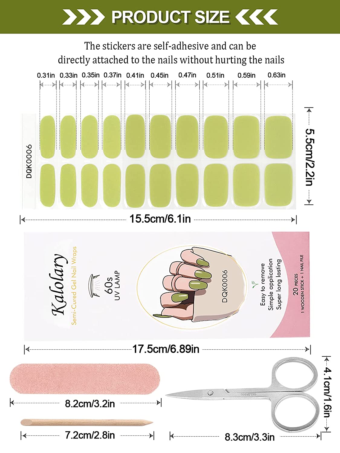 Kalolary Avocado Green Nail Gel Polish Strips 20 PCS