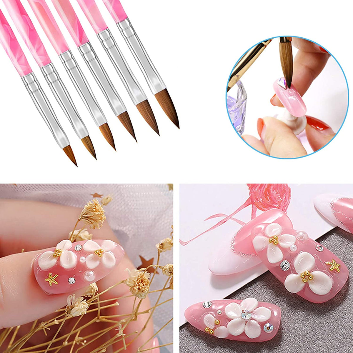 Kalolary 6Pcs Pink Acrylic Nail Brush with 2Pcs Nail Art Dappen Dish Set