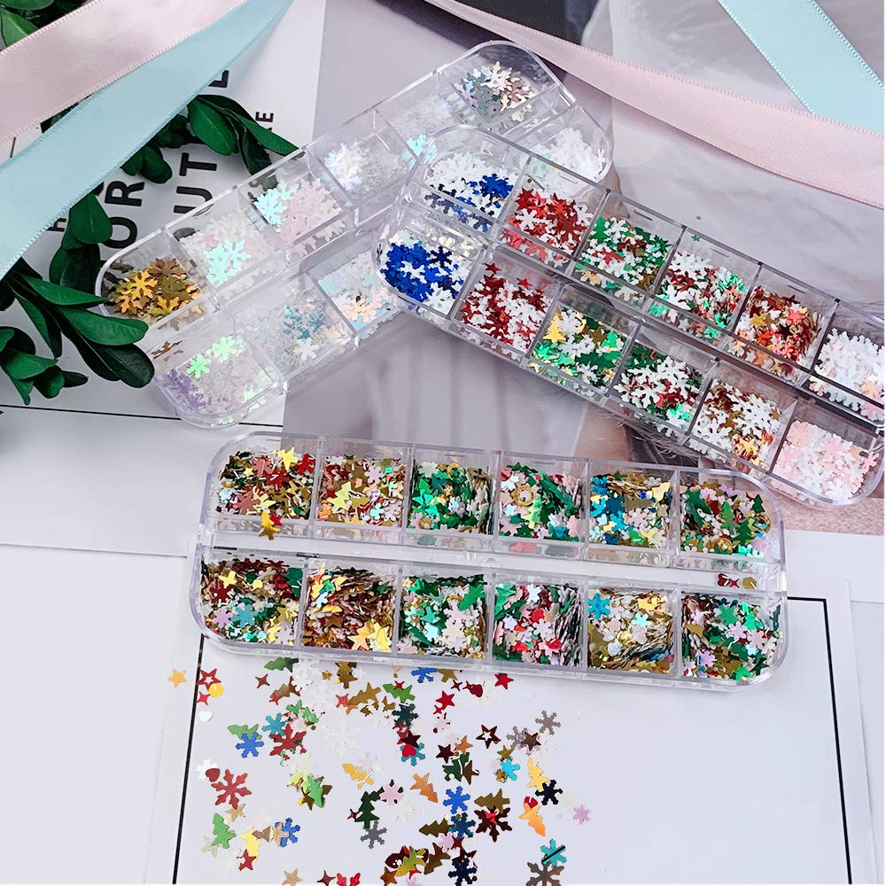Kalolary 3 Boxes Snowflake Star Nail Glitter Sequins