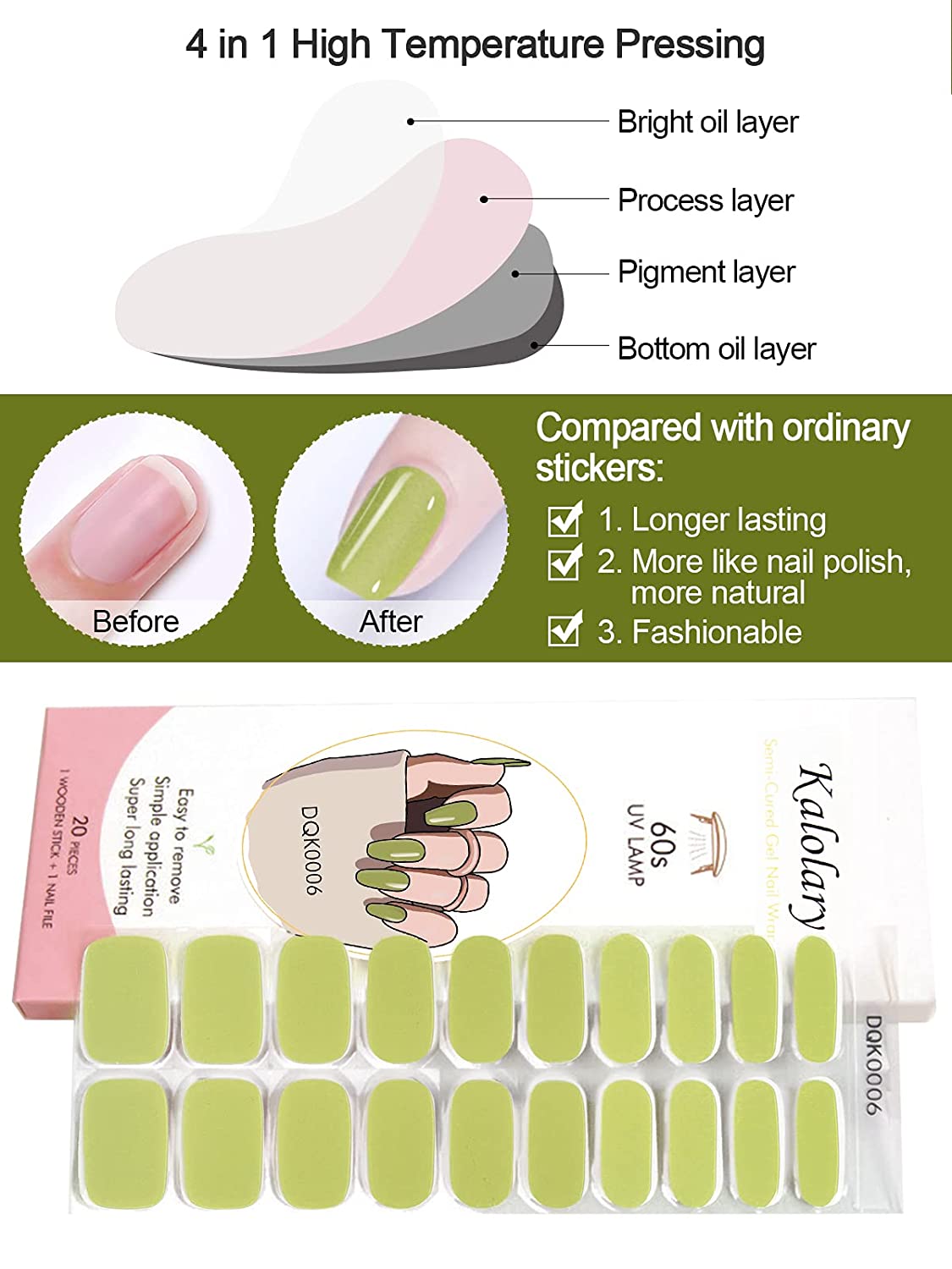 Kalolary Avocado Green Nail Gel Polish Strips 20 PCS