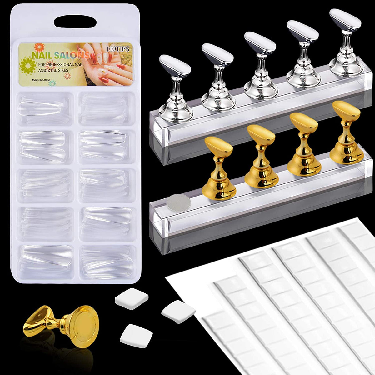 Kalolary 2 Set Acrylic Nail Holder Nail Practice Display Stand with 100Pcs Coffin False Nail Tips