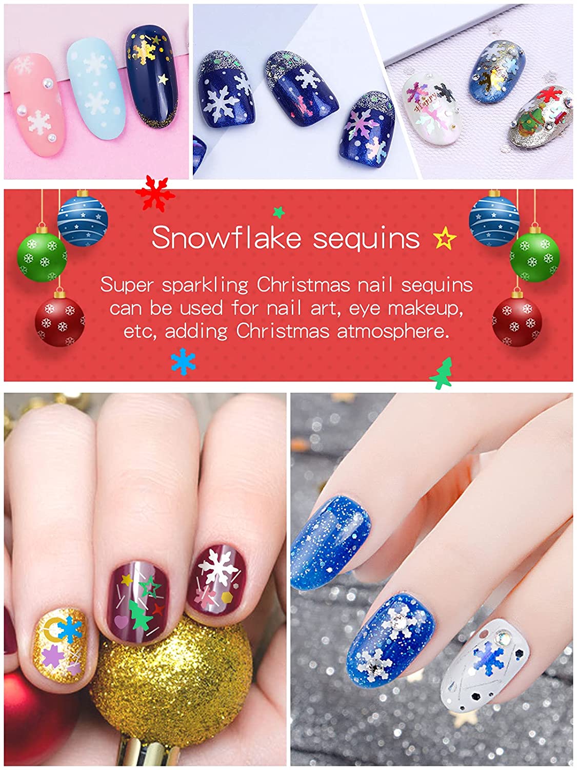 Kalolary Christmas Snowflake Nail Sequins 4 boxes（B style）