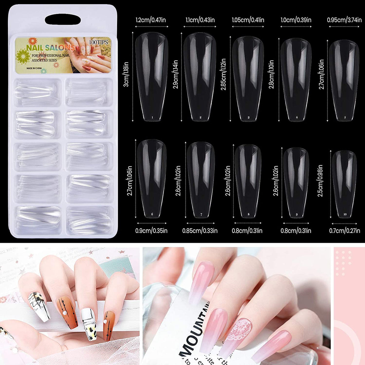 Kalolary 2 Set Acrylic Nail Holder Nail Practice Display Stand with 100Pcs Coffin False Nail Tips