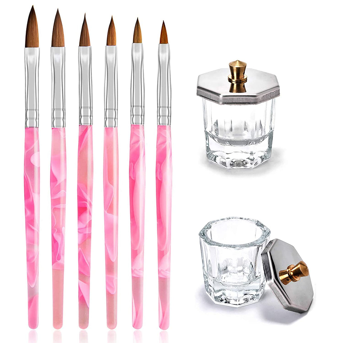 Kalolary 6Pcs Pink Acrylic Nail Brush with 2Pcs Nail Art Dappen Dish Set