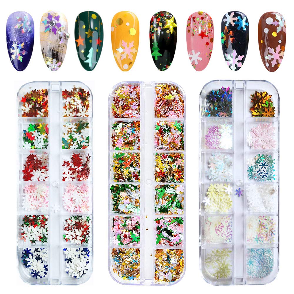 Kalolary 3 Boxes Snowflake Star Nail Glitter Sequins