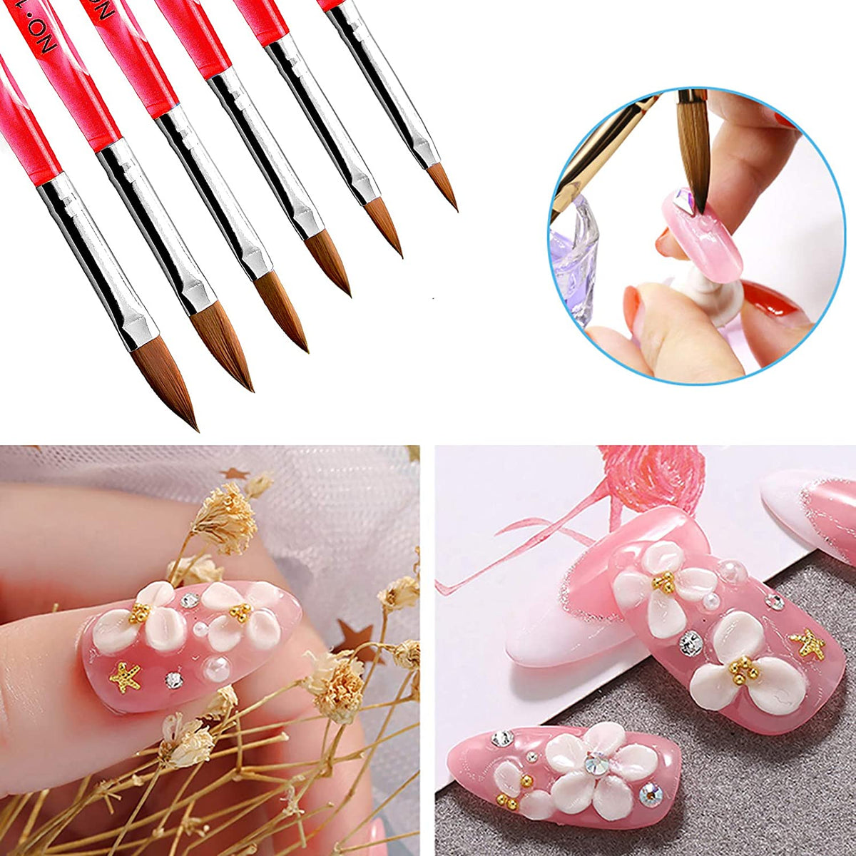 Kalolary 6Pcs Red Acrylic Nail Brush with 2Pcs Nail Art Dappen Dish Set