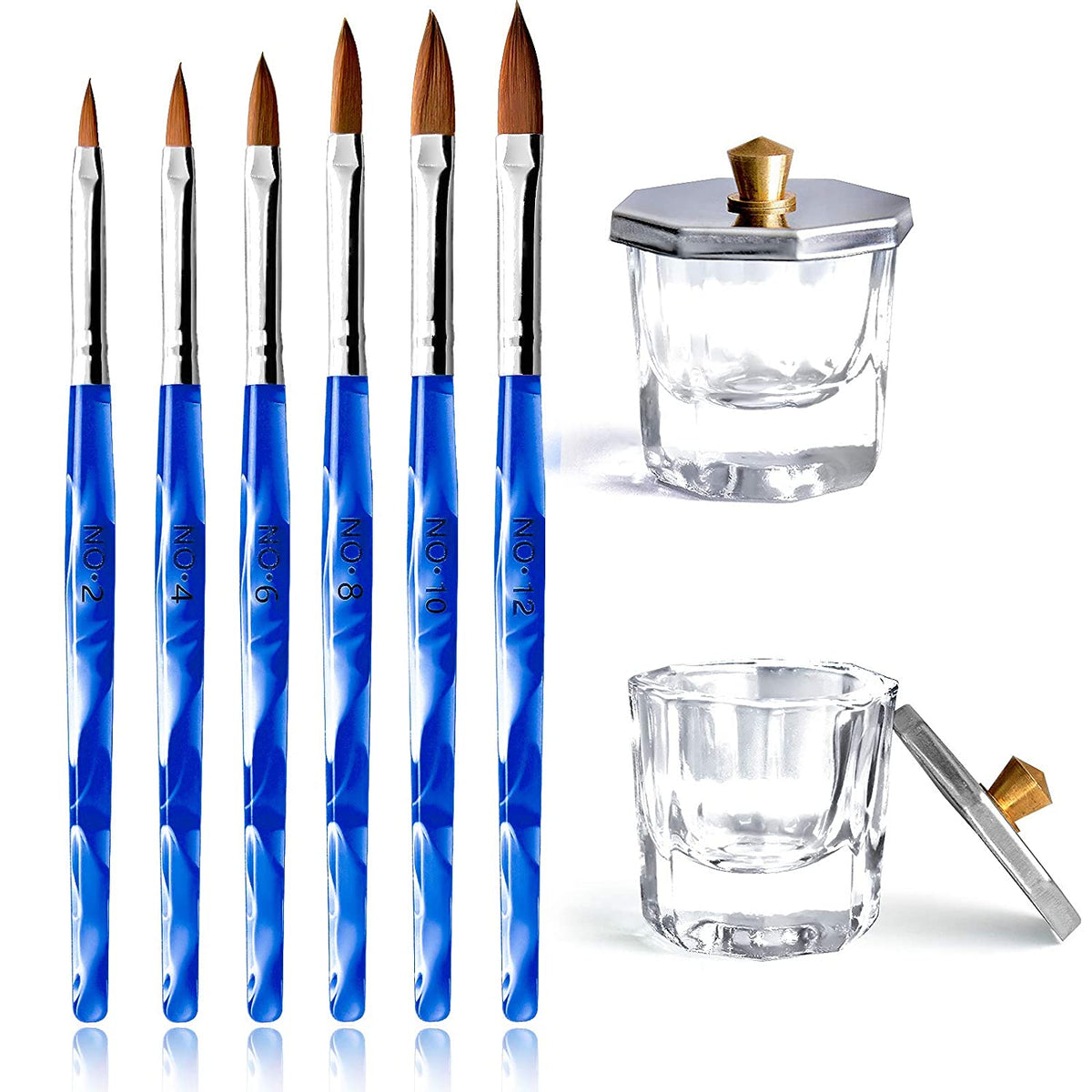 Kalolary 6Pcs Blue Acrylic Nail Brush with 2Pcs Nail Art Dappen Dish Set