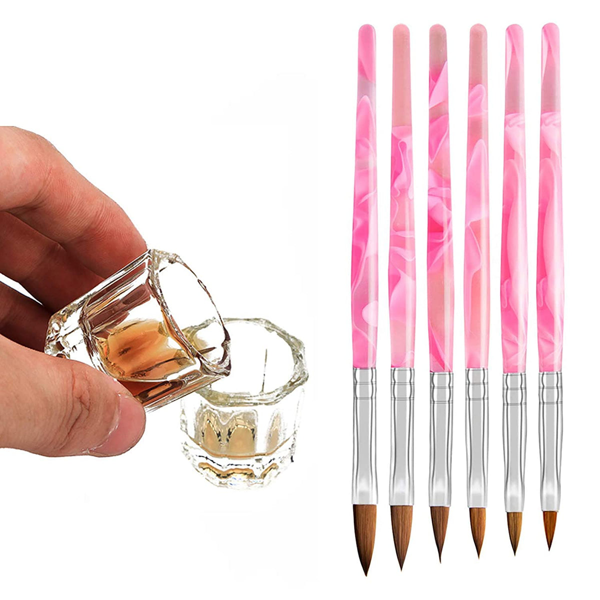 Kalolary 6Pcs Pink Acrylic Nail Brush with 2Pcs Nail Art Dappen Dish Set