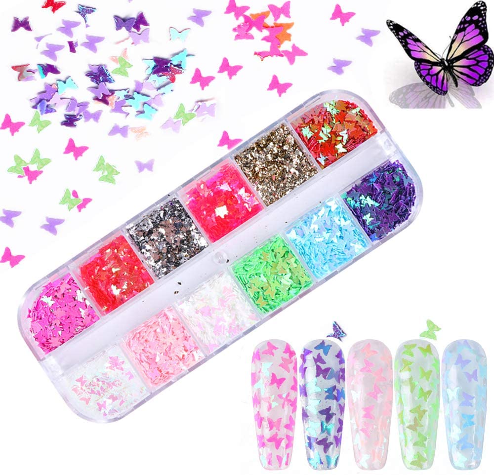 Kalolary 12 Color 3D Butterfly Nail Art Glitter Sequins
