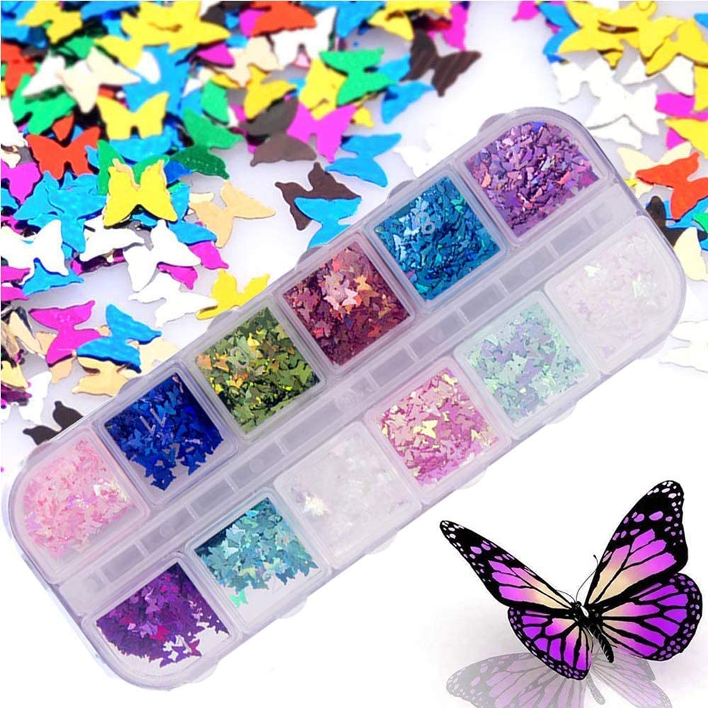 Kalolary 12 Color/Set 3D Butterfly Nail Glitter Sequins