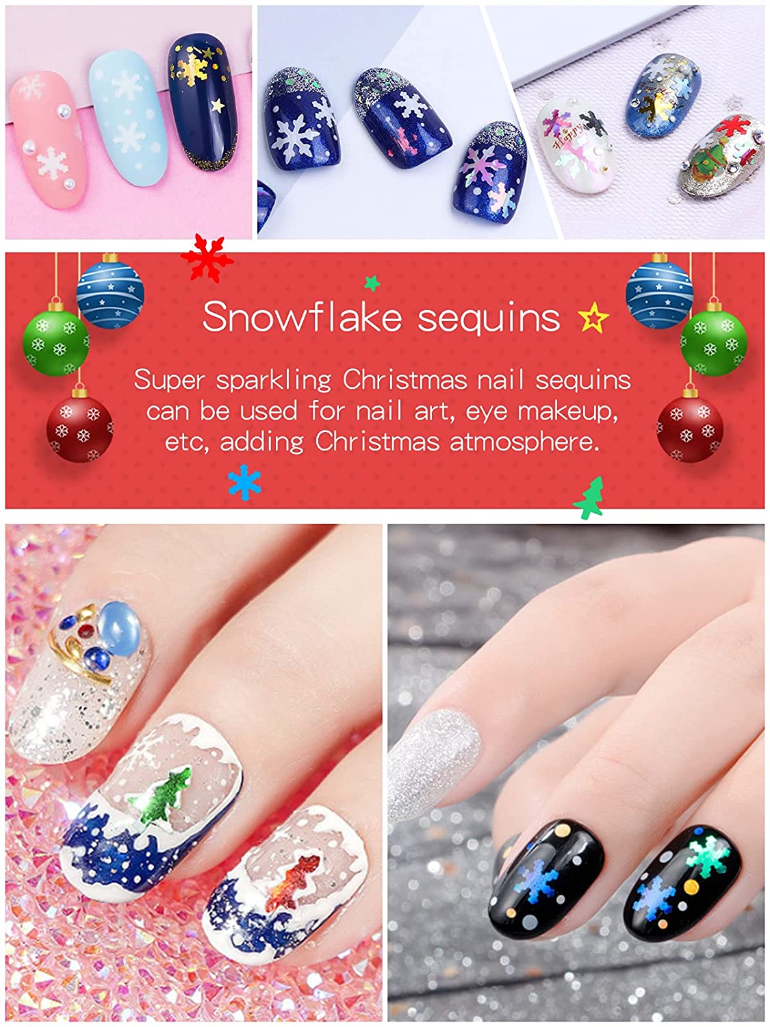 Kalolary Christmas Snowflake Nail Sequins 4 boxes（C style）