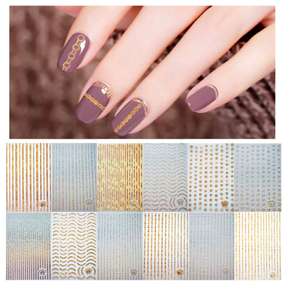 Kalolary 12 Sheets Gold Silver 3D Metallic Nail Stickers