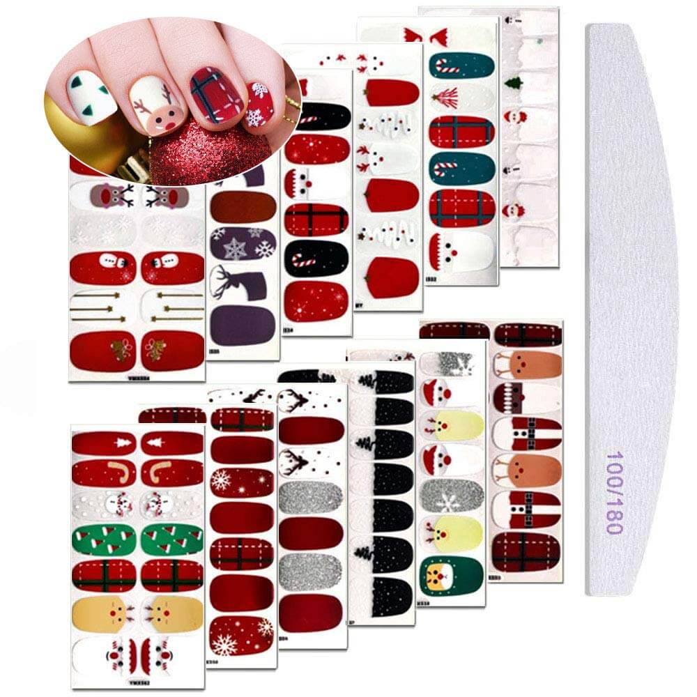 Kalolary 12 Sheets  Christmas Full Wraps Self-Adhesive Nail Polish Stickers with 1Pcs Nail File