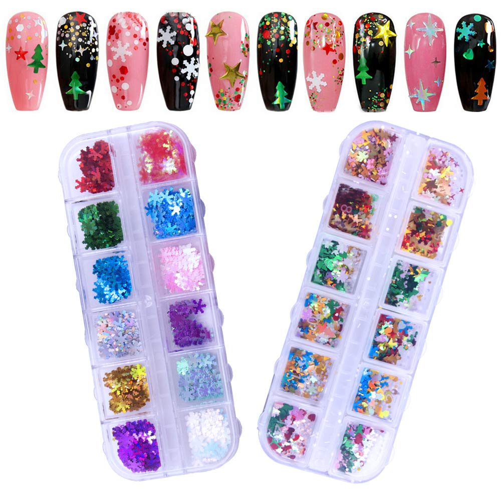 Kalolary 3 Boxes Snowflake Star Nail Glitter Sequins