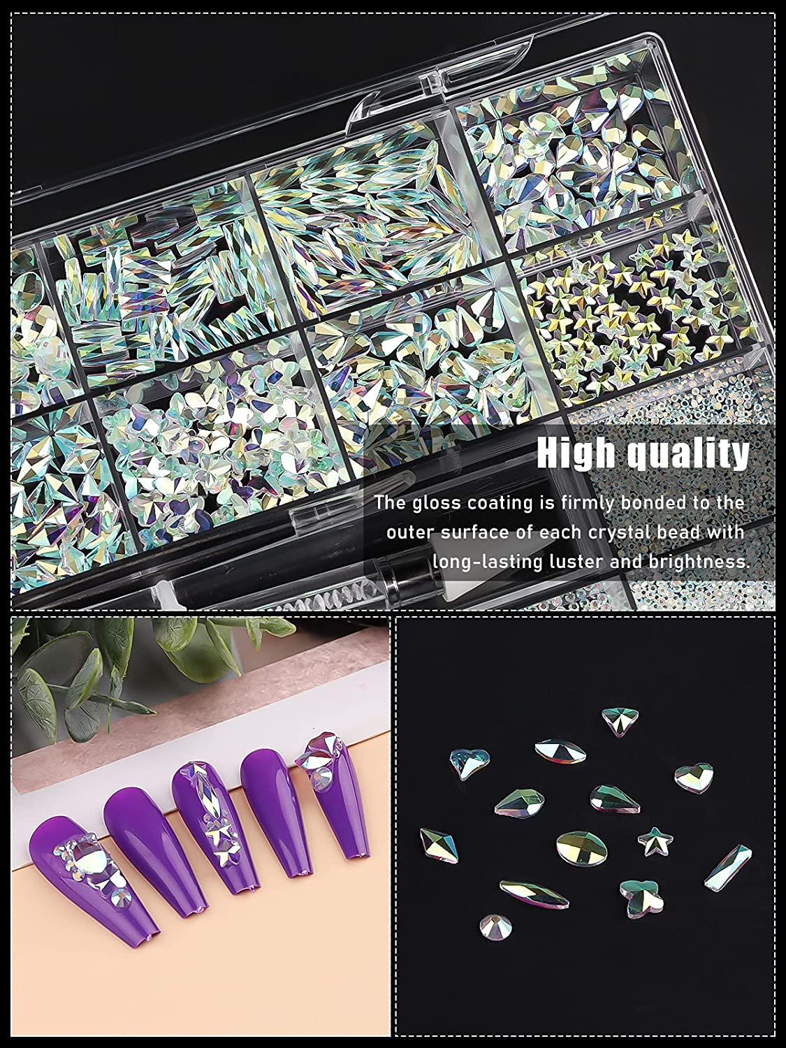 Kalolary Clear with Light Green Professional Nail Rhinestones Kit