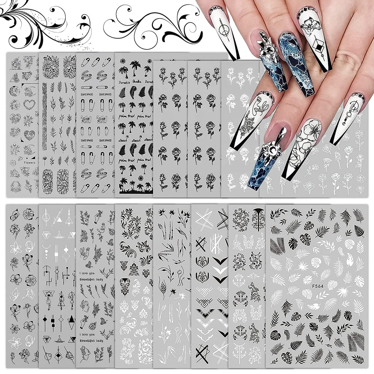 Kalolary 16 Sheets Leaves Retro Flower Nail Art Sticker