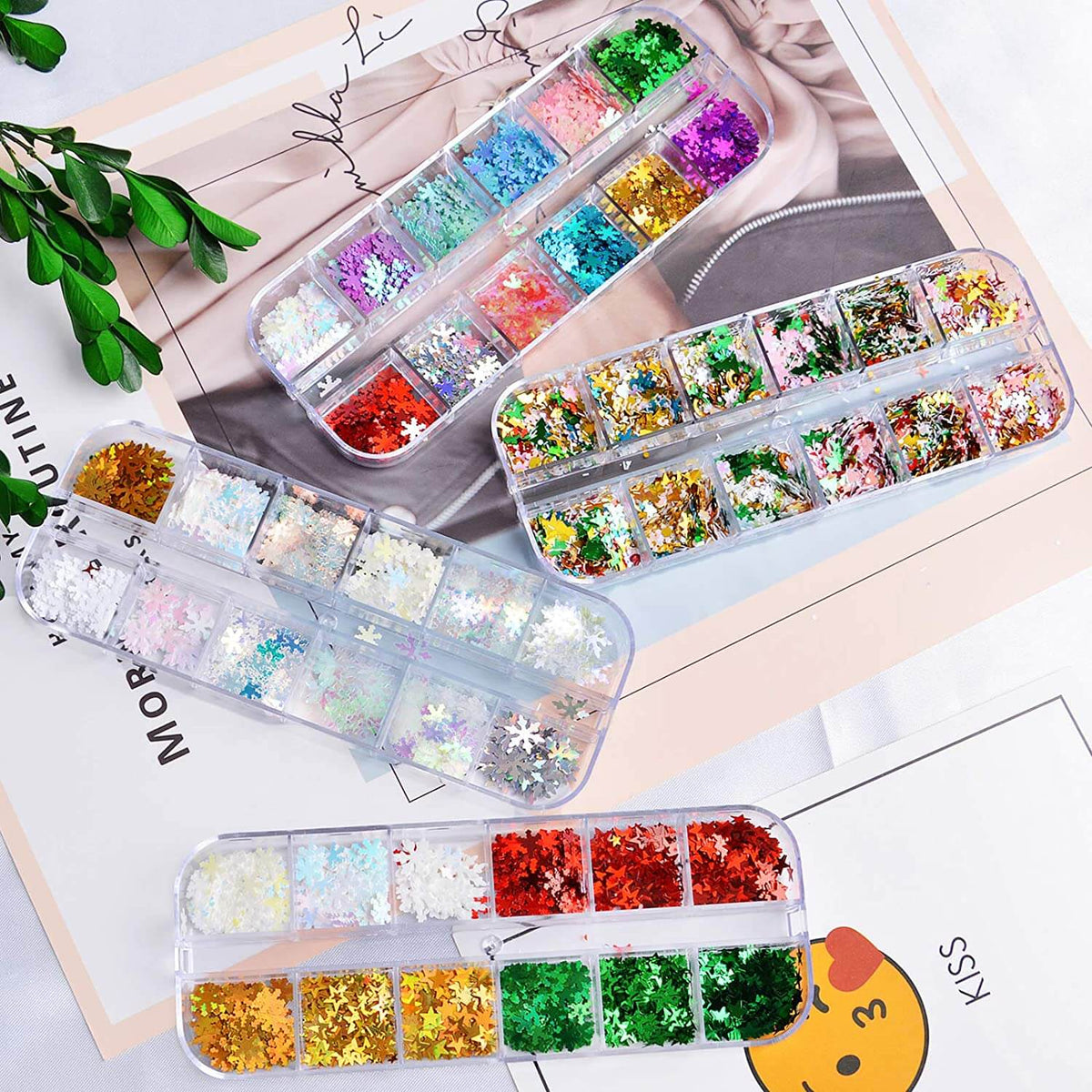 Kalolary Christmas Snowflake Nail Sequins 4 boxes（A style）