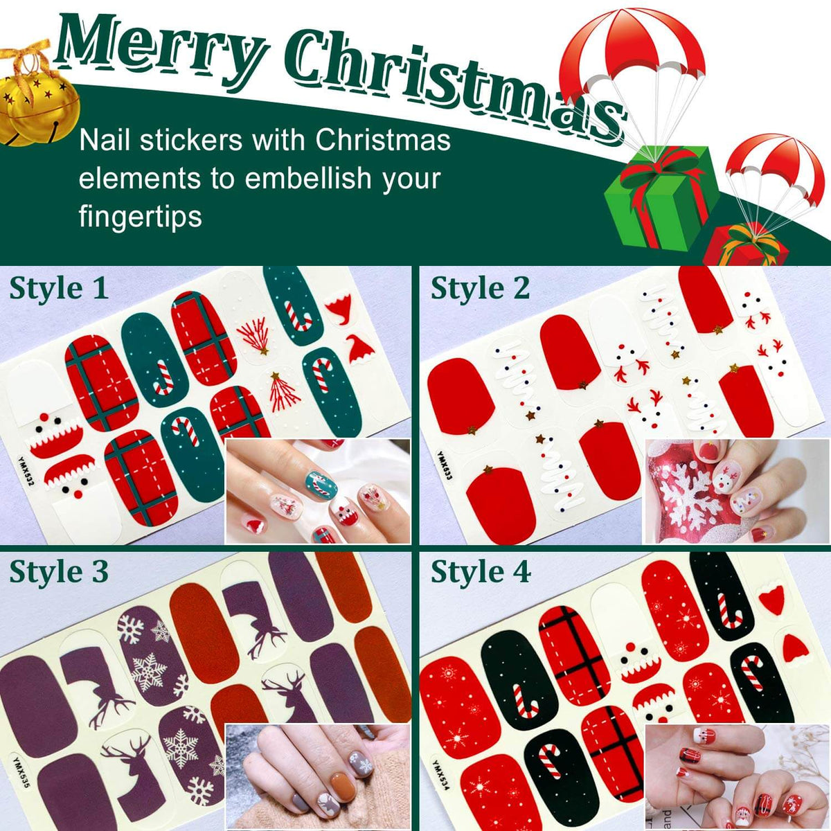 Kalolary 12 Sheets  Christmas Full Wraps Self-Adhesive Nail Polish Stickers with 1Pcs Nail File