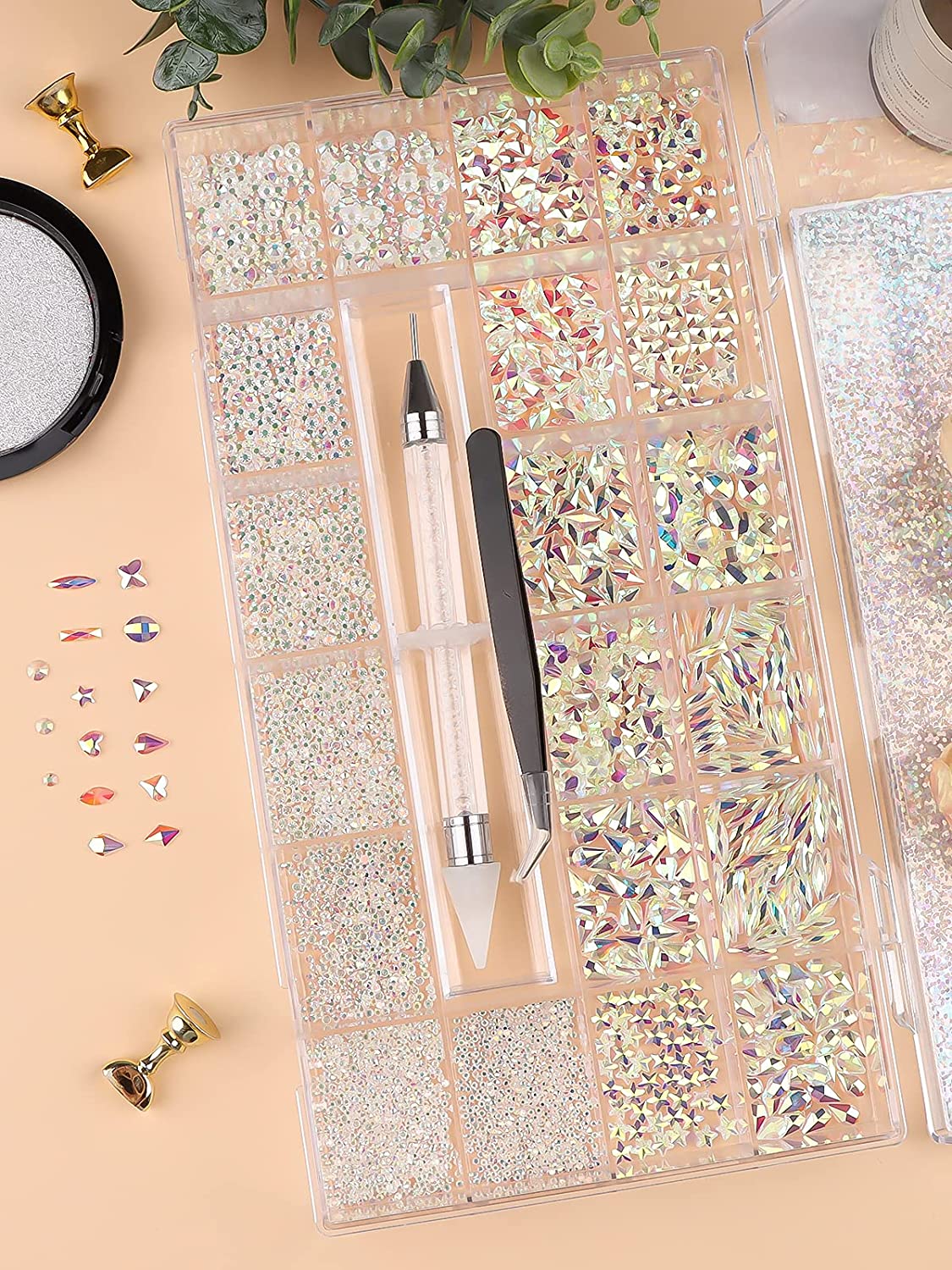 Kalolary Clear with Light Green Professional Nail Rhinestones Kit