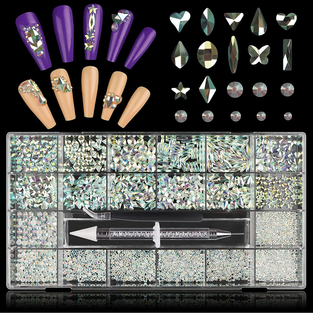Kalolary Clear with Light Green Professional Nail Rhinestones Kit