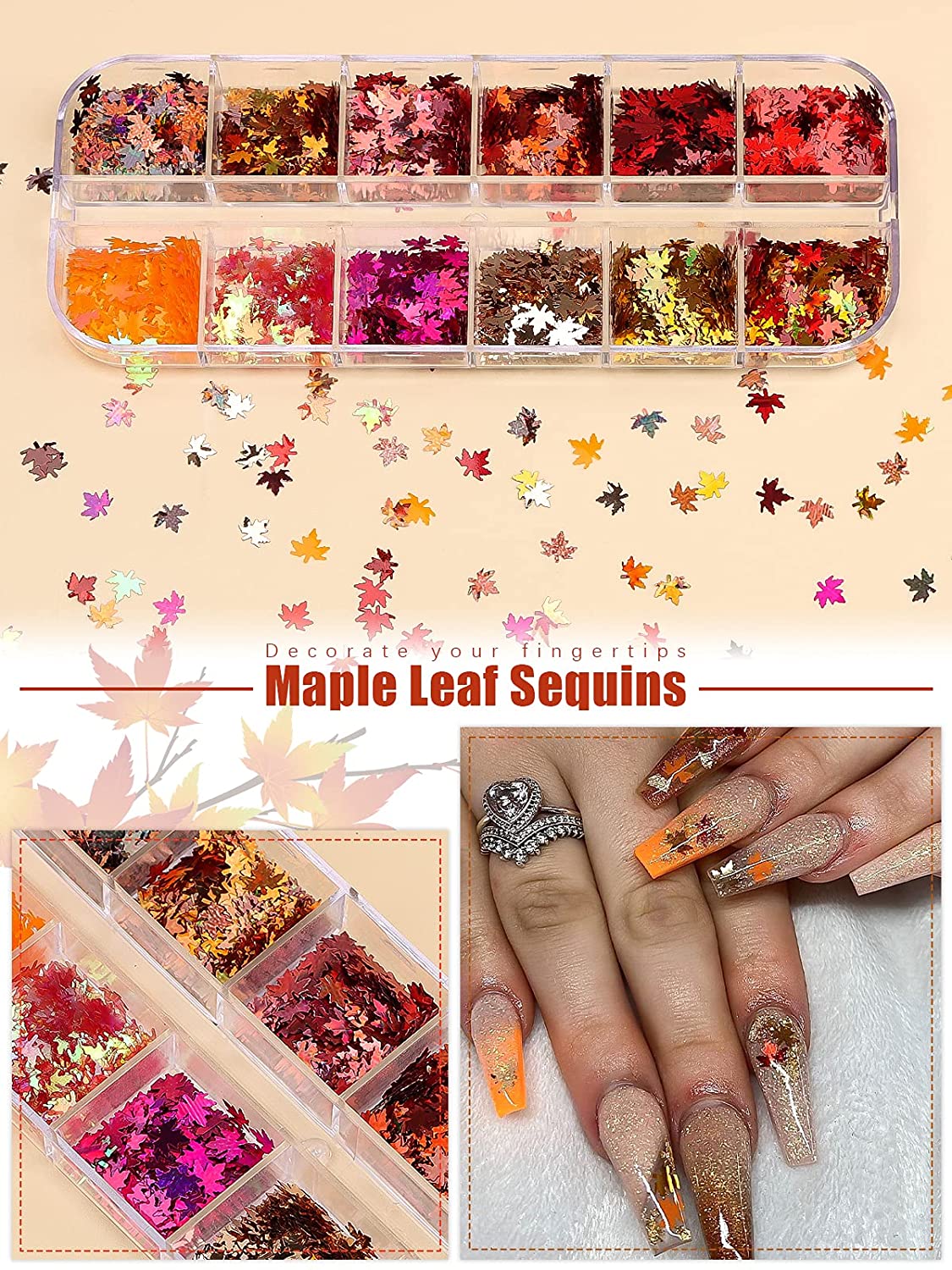 Kalolary Maple Leaves Nail Art Glitter Sequins 3 Boxes（B style）