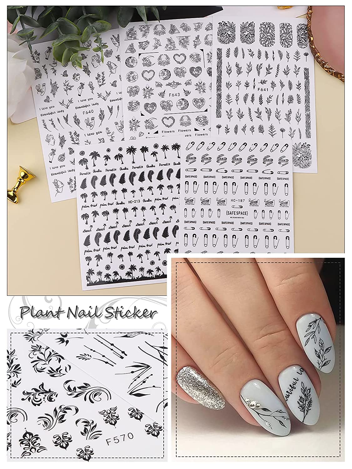 Kalolary 16 Sheets Leaves Retro Flower Nail Art Sticker