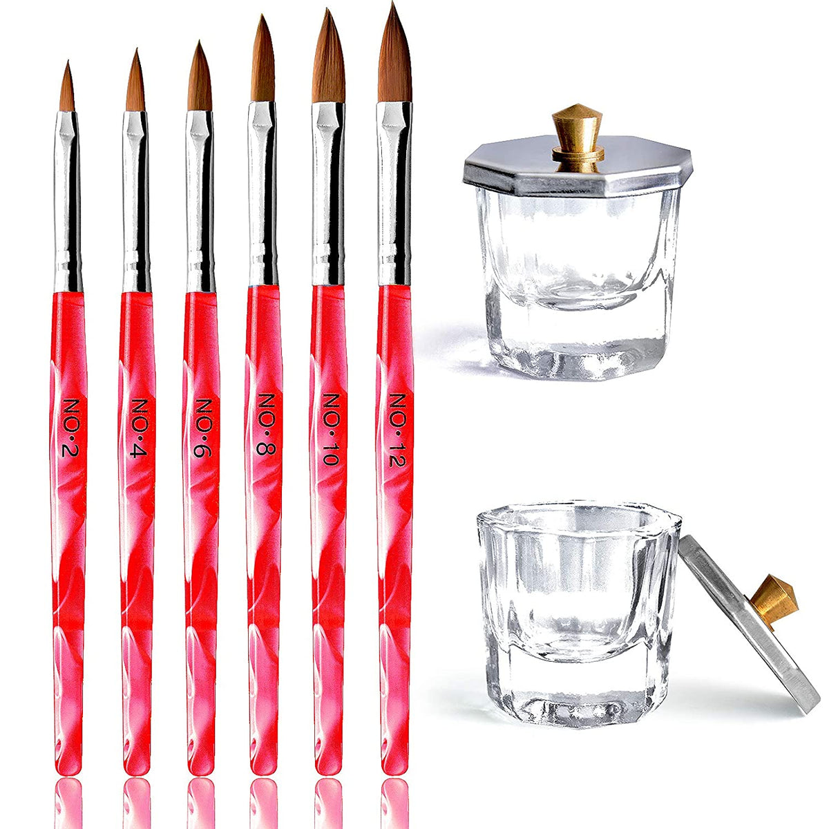 Kalolary 6Pcs Red Acrylic Nail Brush with 2Pcs Nail Art Dappen Dish Set