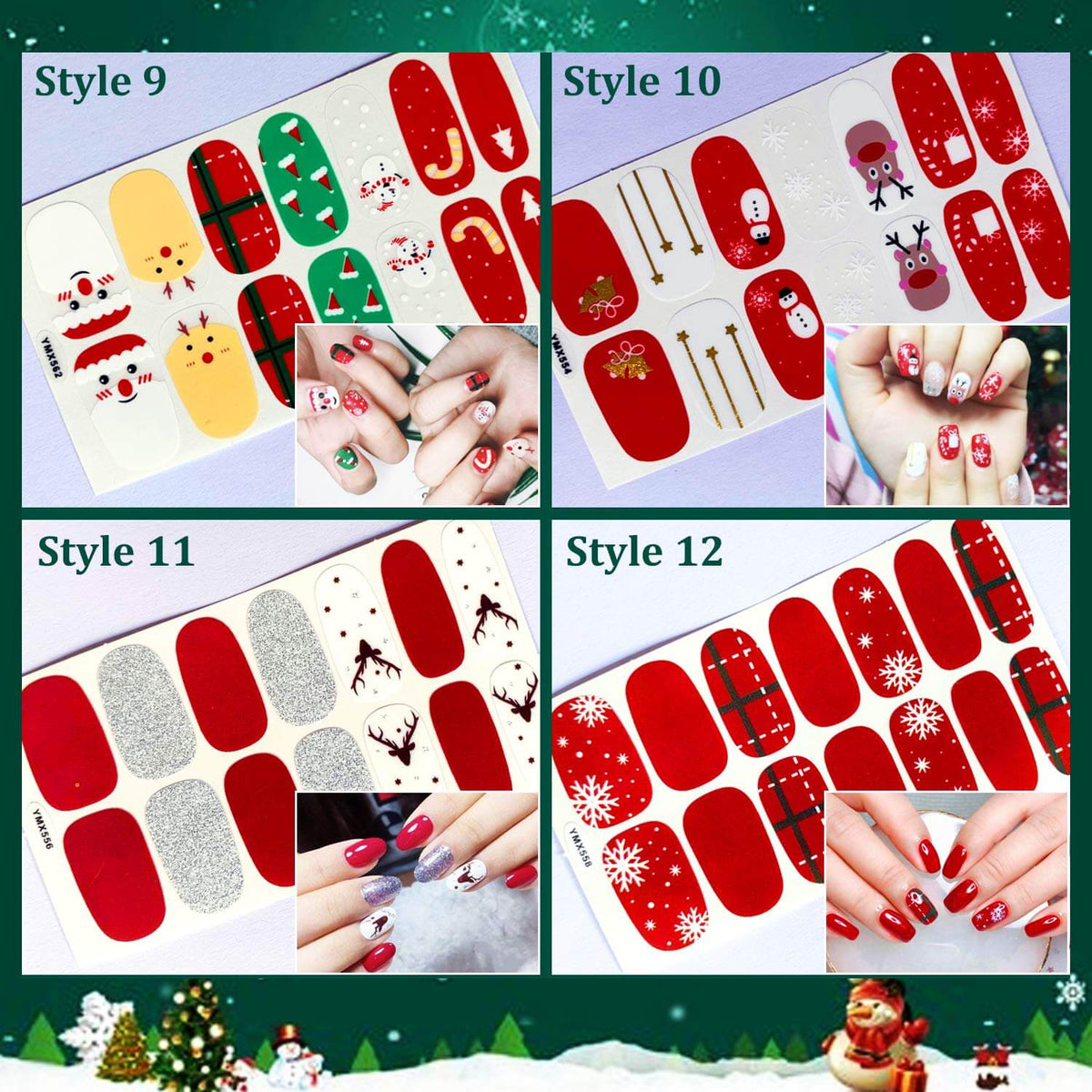 Kalolary 12 Sheets  Christmas Full Wraps Self-Adhesive Nail Polish Stickers with 1Pcs Nail File
