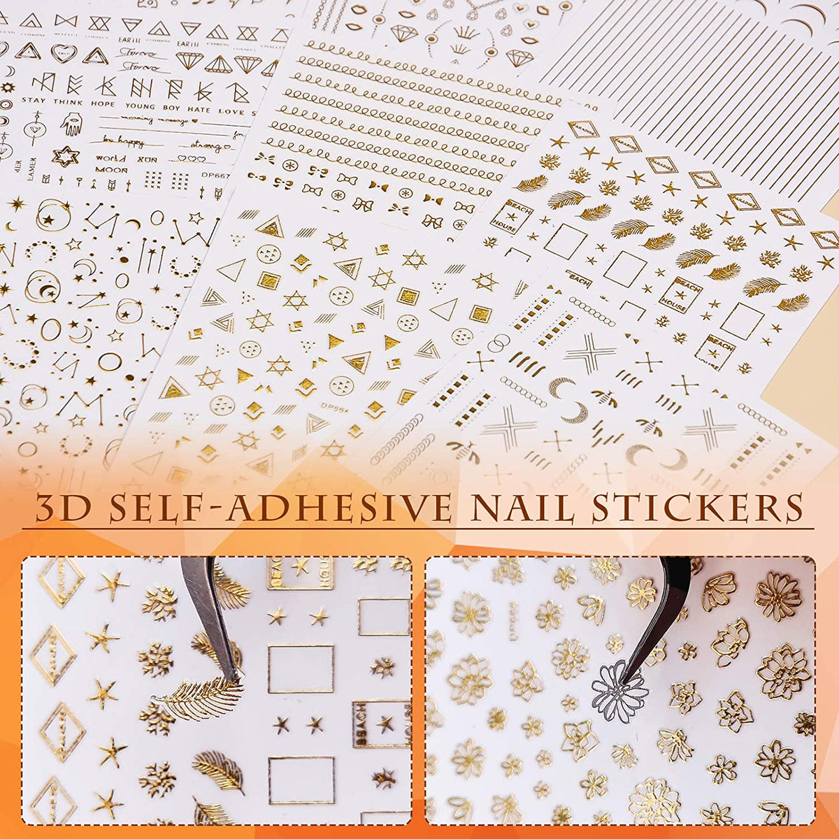 Kalolary 12 Sheets Gold Self-Adhesive Nail Stickers