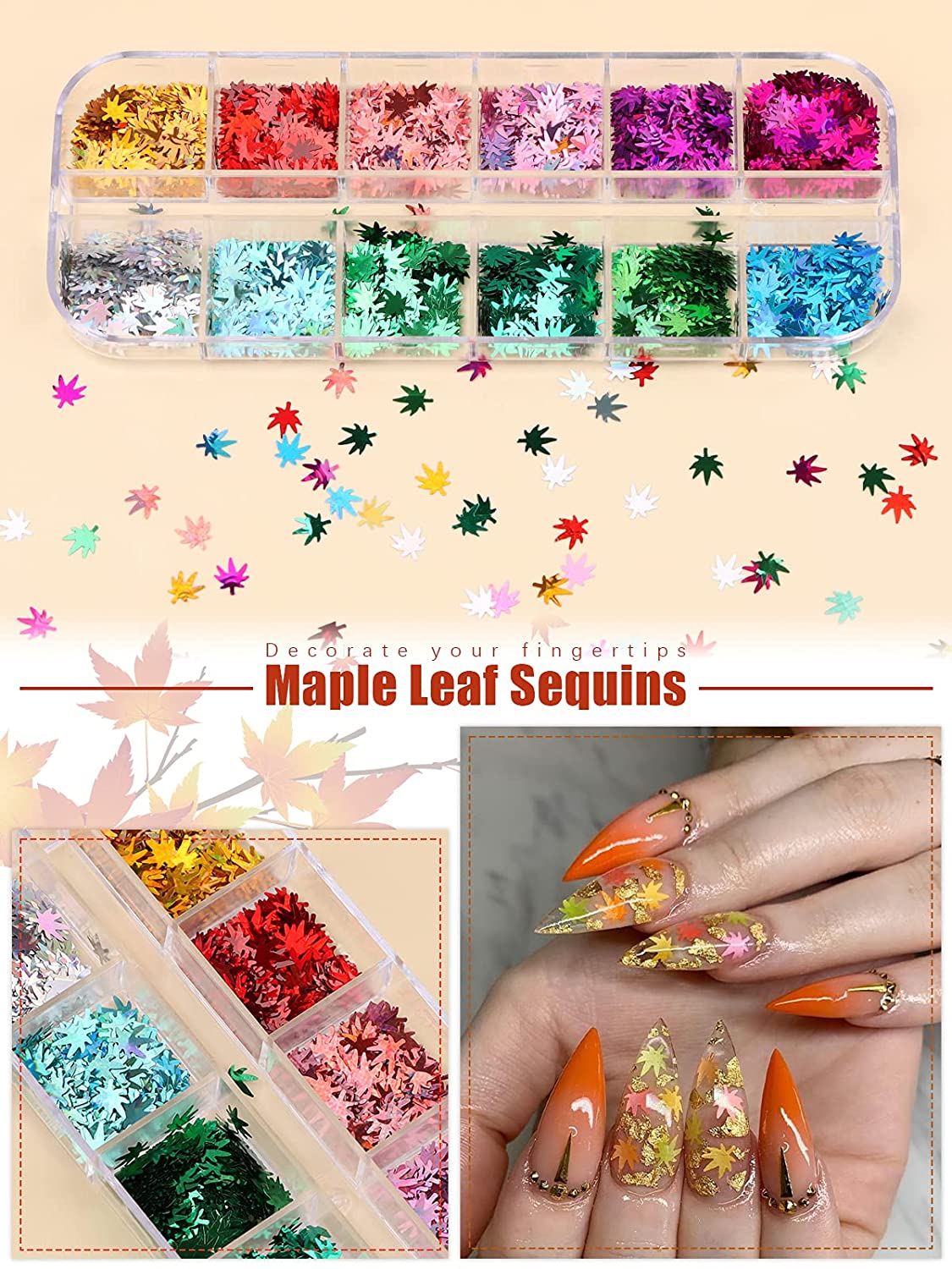 Kalolary Maple Leaves Nail Art Glitter Sequins 3 Boxes（B style）