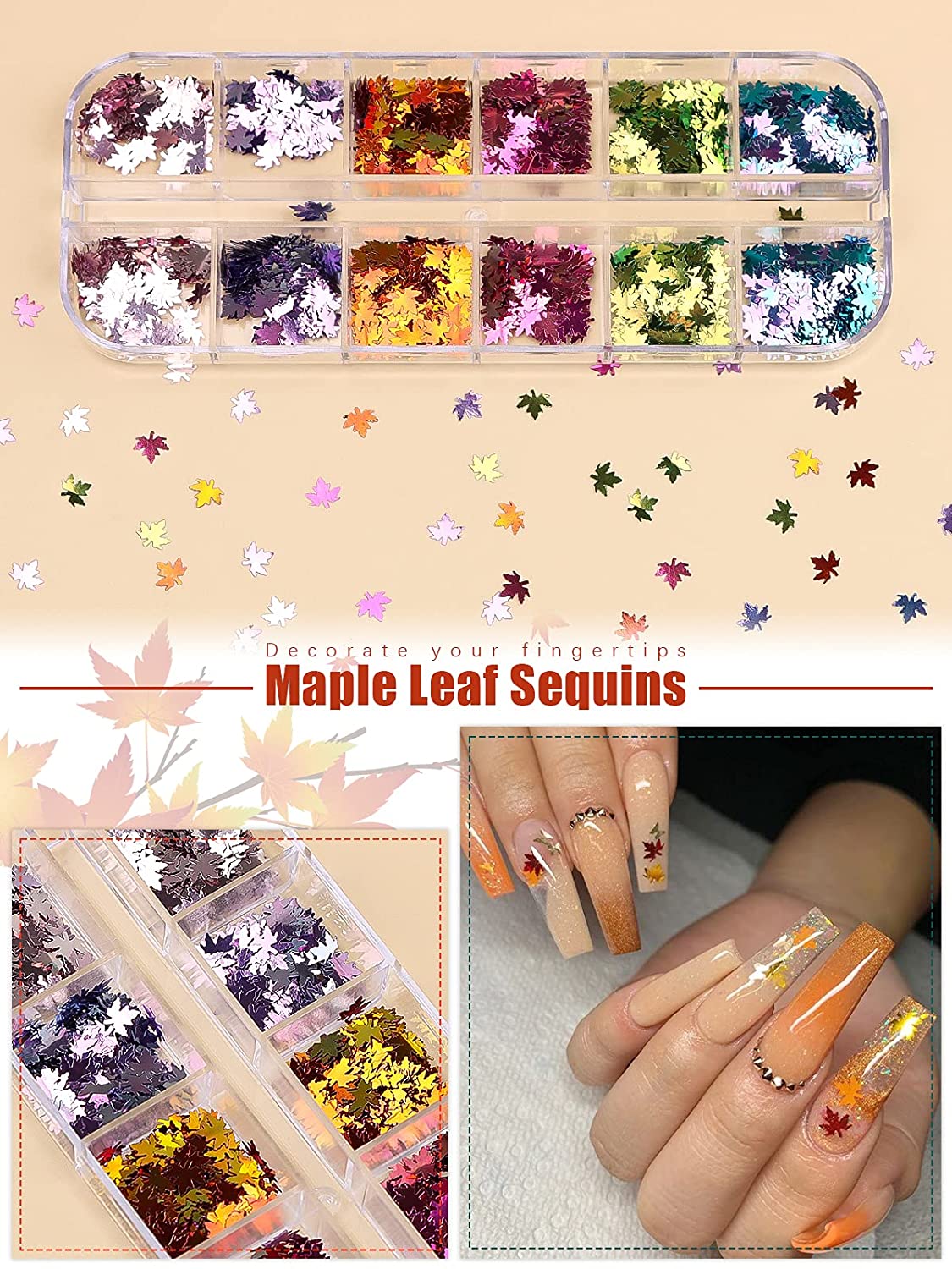 Kalolary Maple Leaves Nail Art Glitter Sequins 3 Boxes（B style）