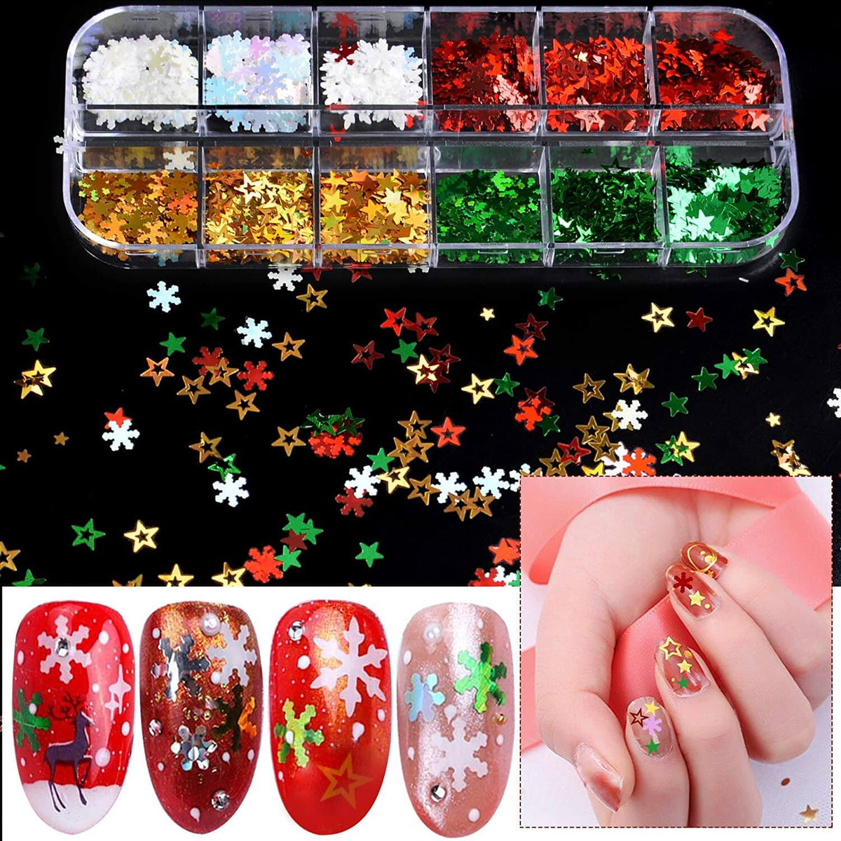 Kalolary Christmas Snowflake Nail Sequins 4 boxes（A style）