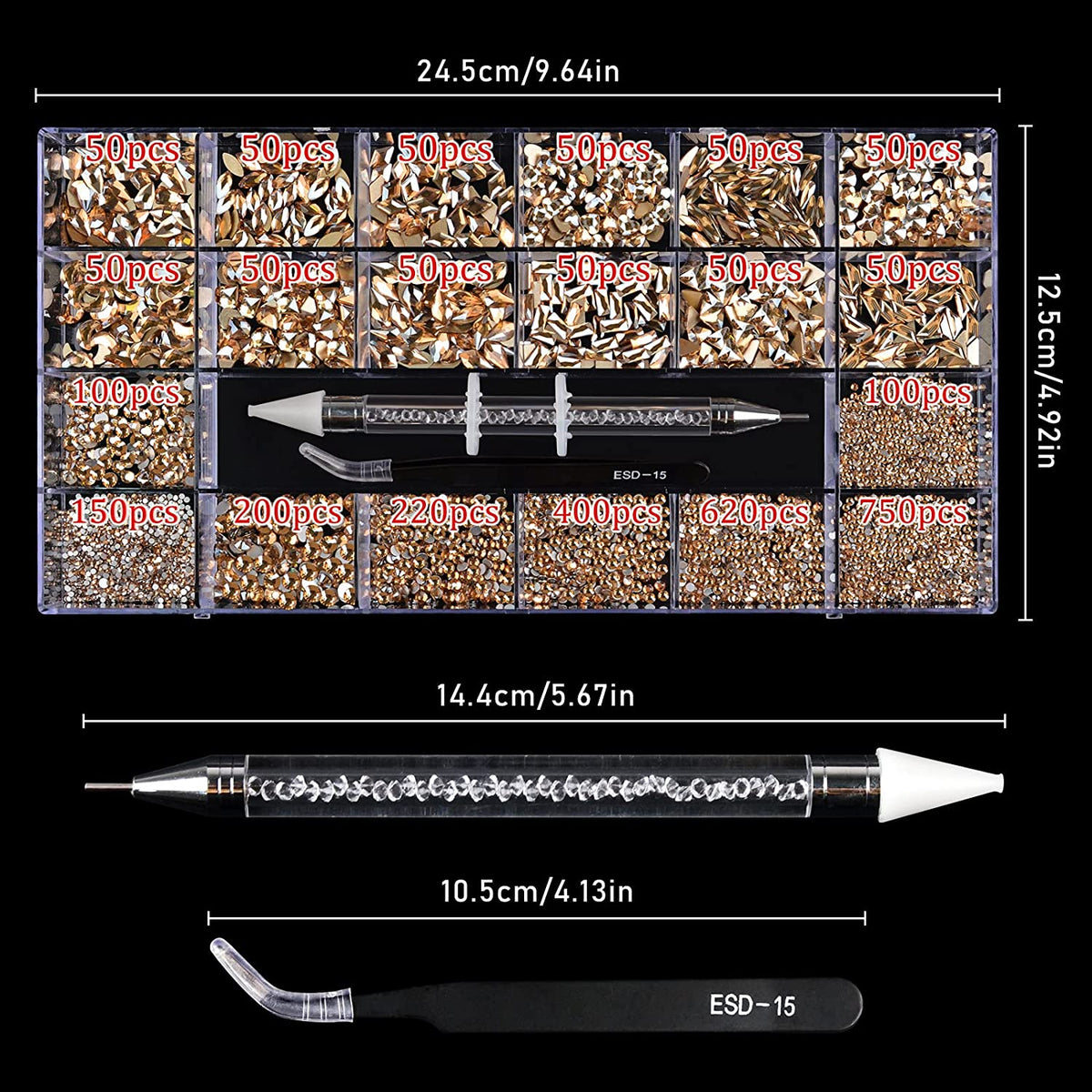 Kalolary Champagne Professional Nail Rhinestones Kit