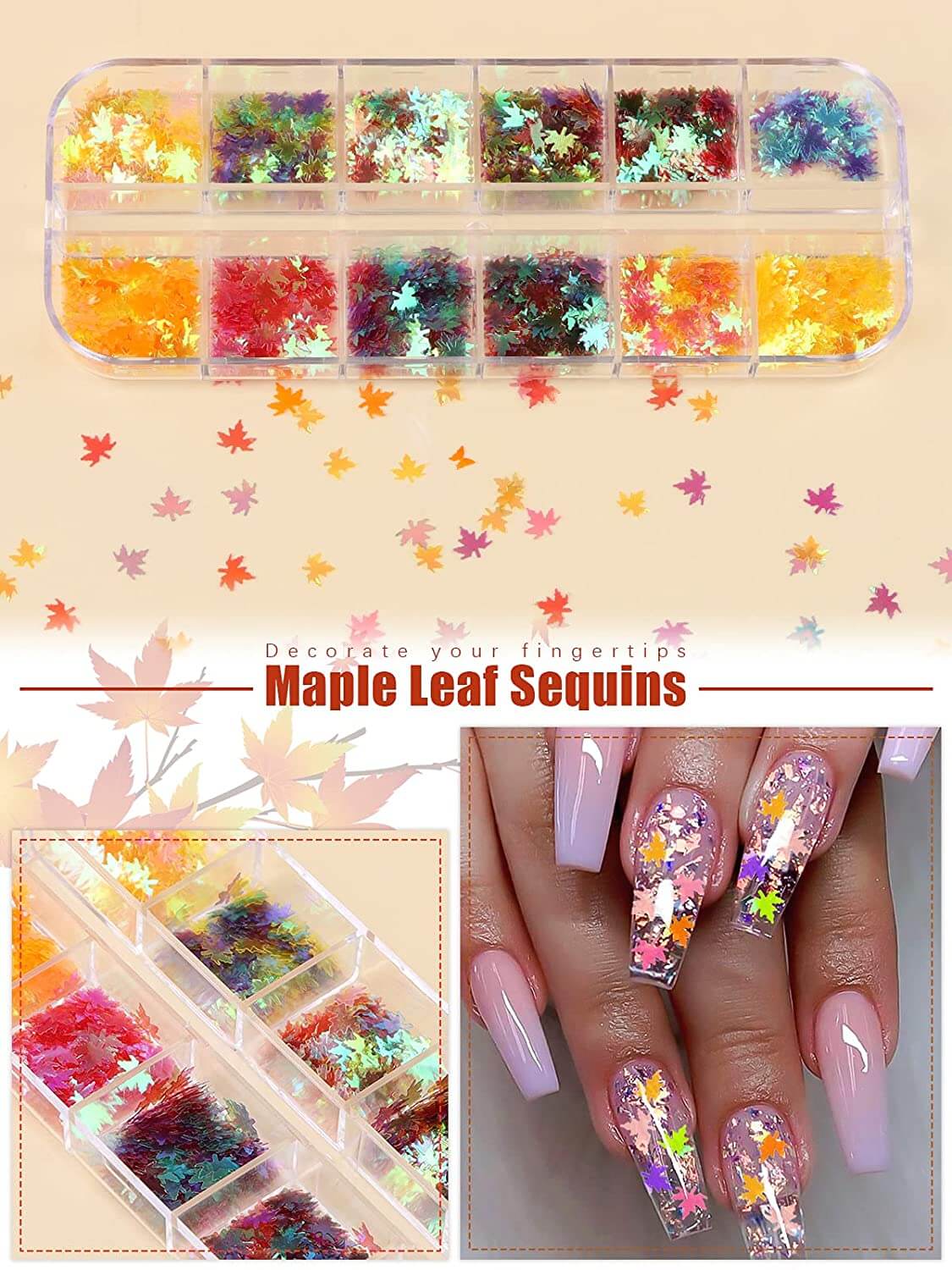 Kalolary Maple Leaves Nail Art Glitter Sequins 3 Boxes（A style）