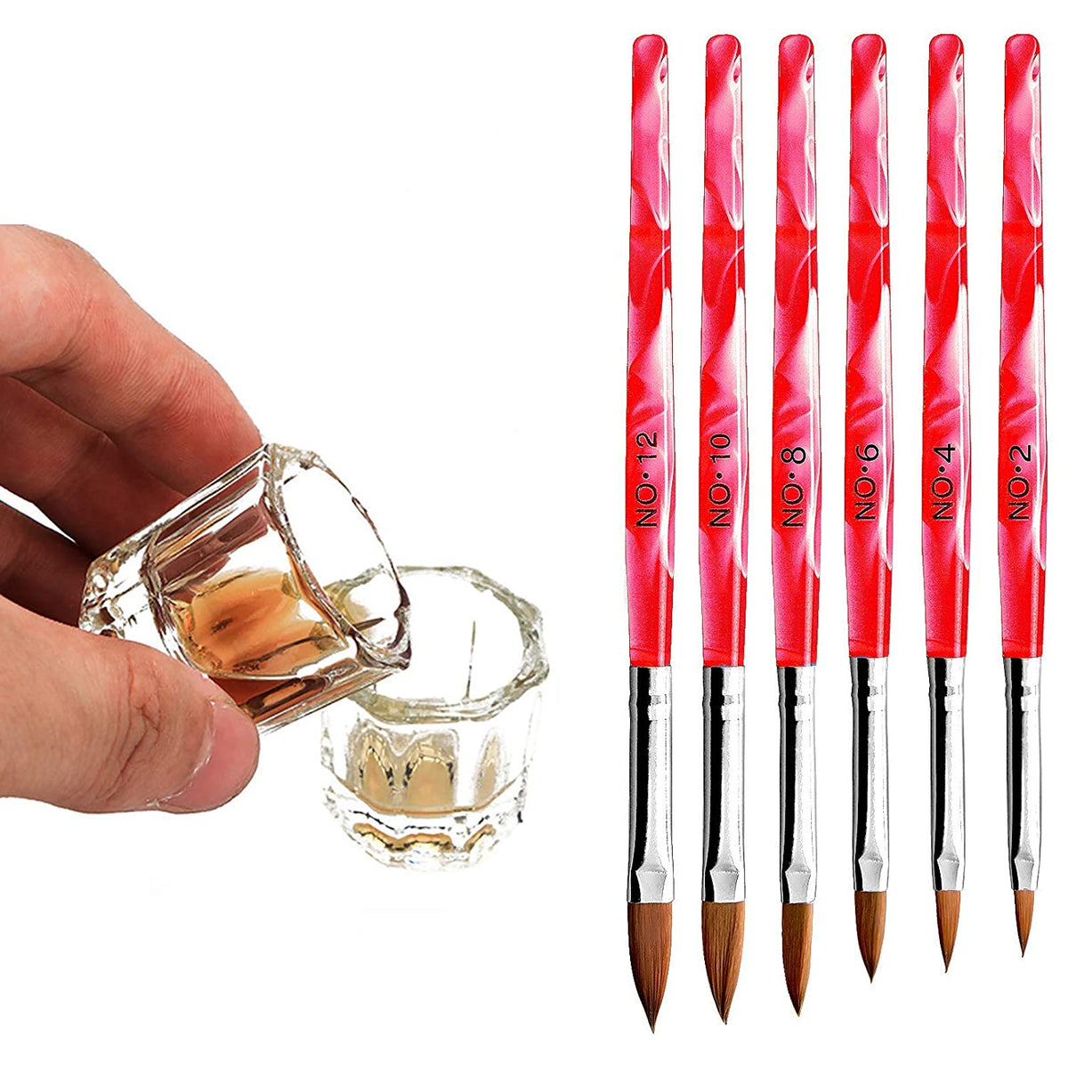 Kalolary 6Pcs Red Acrylic Nail Brush with 2Pcs Nail Art Dappen Dish Set