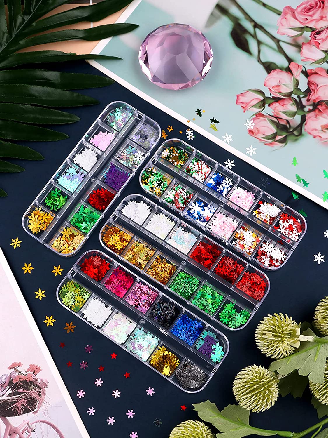 Kalolary Christmas Snowflake Nail Sequins 4 boxes（C style）