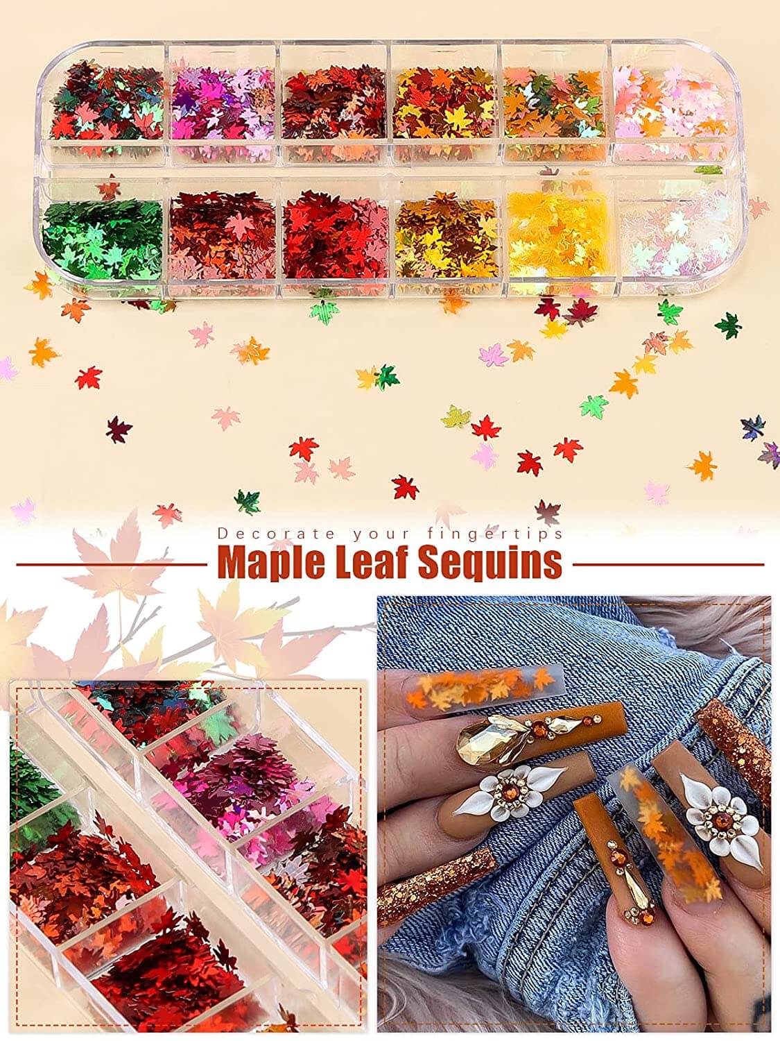 Kalolary Maple Leaves Nail Art Glitter Sequins 3 Boxes（A style）