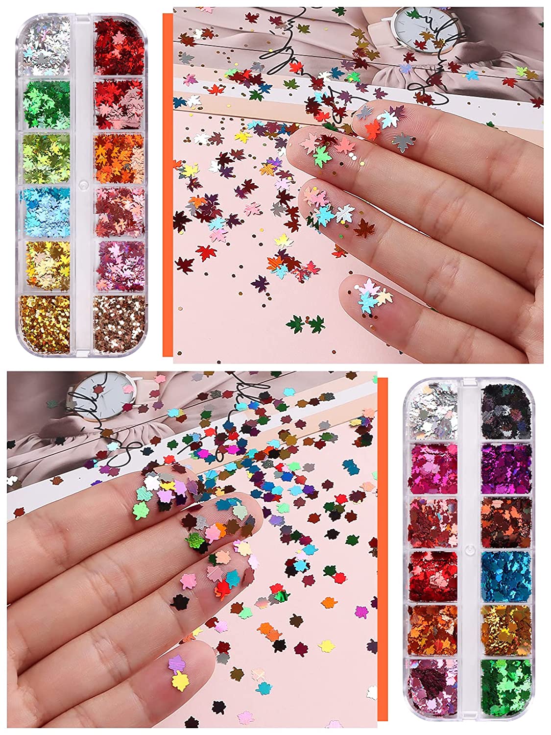 Kalolary 3D Maple Leaves Nail Art Glitter Sequins 4 Boxes (B style)