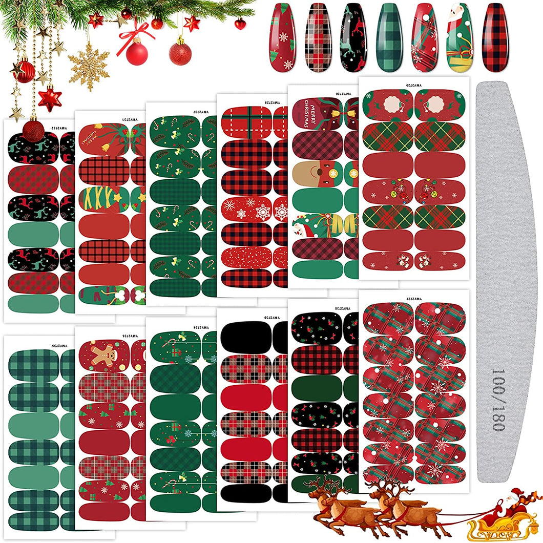 Kalolary 12 Sheets Christmas Nail Stickers Strip with 1Pcs Nail File