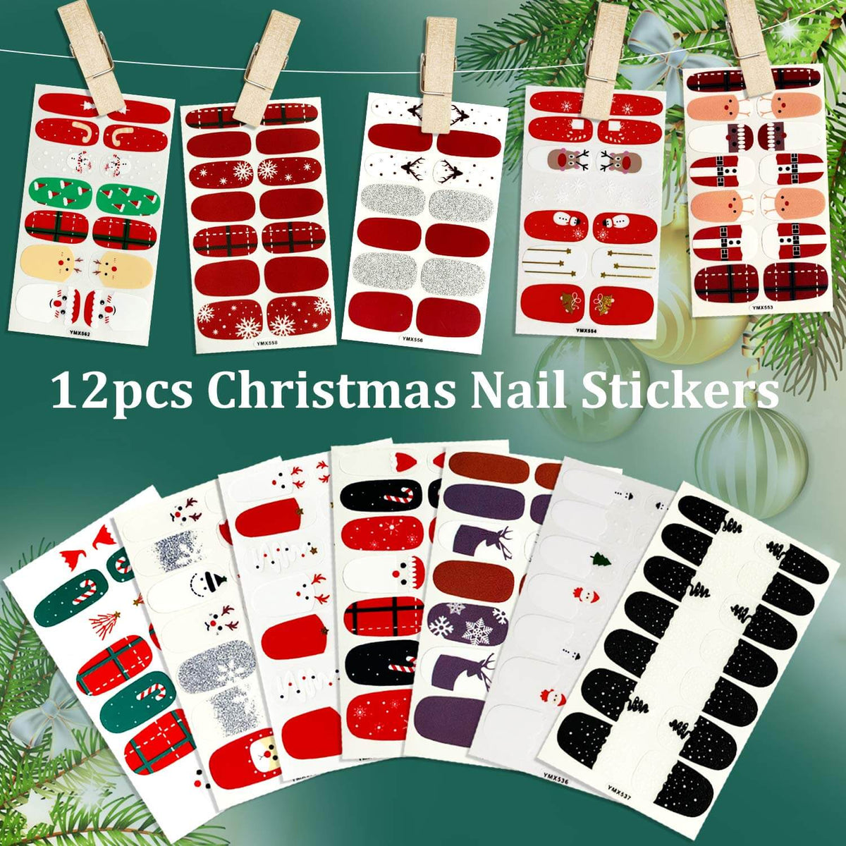 Kalolary 12 Sheets  Christmas Full Wraps Self-Adhesive Nail Polish Stickers with 1Pcs Nail File